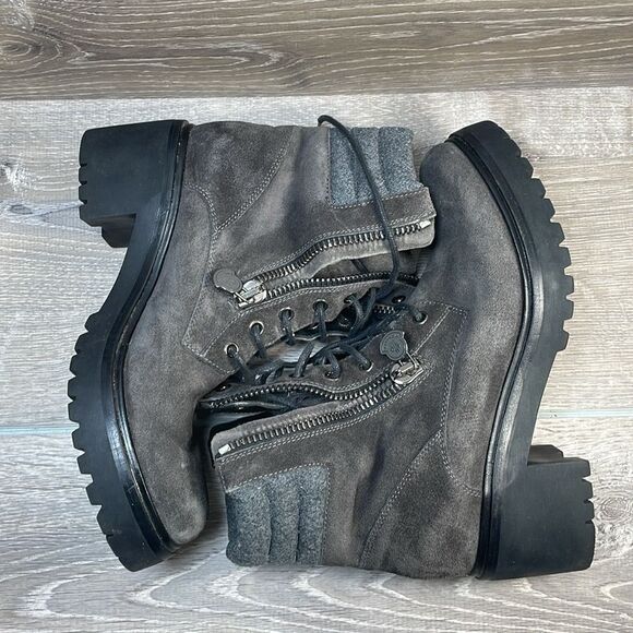 Moncler Viviane Dark Gray Suede Women’s Sz 8/EU 38 Double Zip Heeled Combat Boot - Picture 10 of 13